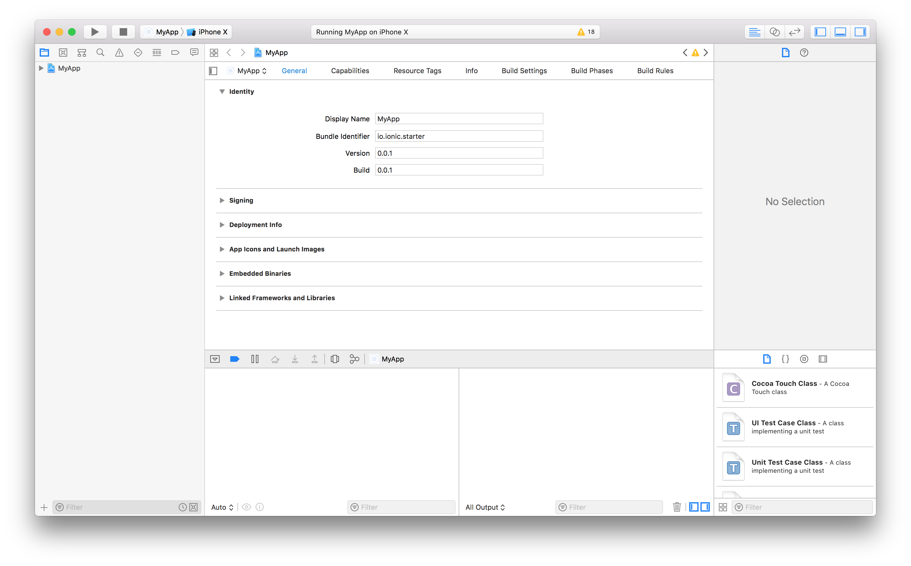 Xcodeの識別情報セクション Xcodeで表示されるiOSアプリのIdentityセクションには、表示名、バンドル識別子、バージョン、ビルドのフィールドがあります。