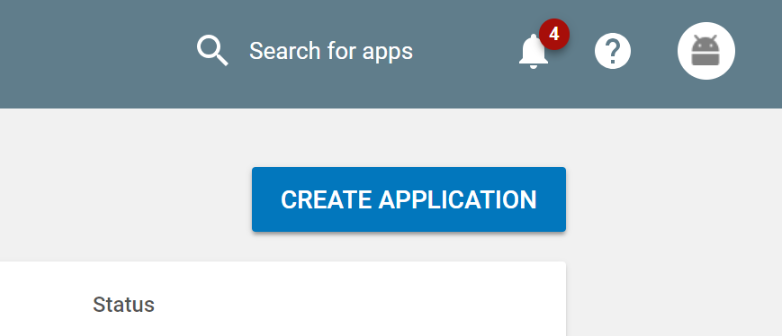 「CREATE APPLICATION」ボタンがハイライトされている Google Play ストア デベロッパー コンソール。